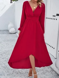 Hot Women's Maxi Dress Casual Dress Cocktail Dress Wedding Guest Dress Chiffon Dress Elegant Maxi Casual Work Street Holiday Regular Fit Long Sleeve V Neck Black Red Navy Blue Green Fall Women Cocktail Dress