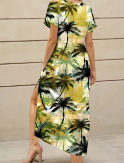 Discount Women's Maxi Dress Casual Dress A Line Dress Vacation Tropical Casual Vacation Daily Regular Fit Leaf Tropical Short Sleeve V Neck Summer Spring Women Vacation Dresses