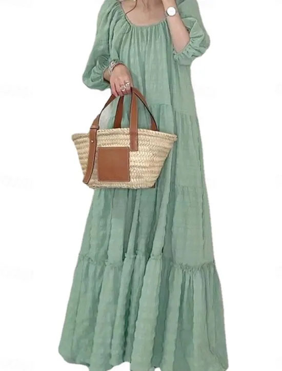 Online Women's Maxi Dress Casual Dress Summer Dress Basic Casual Vacation Daily Regular Fit Plain Half Sleeve Crew Neck Green Khaki Summer Women Vacation Dresses