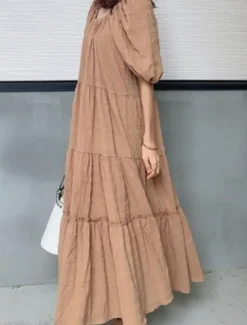 Online Women's Maxi Dress Casual Dress Summer Dress Basic Casual Vacation Daily Regular Fit Plain Half Sleeve Crew Neck Green Khaki Summer Women Vacation Dresses