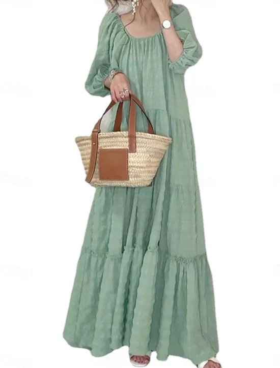 Online Women's Maxi Dress Casual Dress Summer Dress Basic Casual Vacation Daily Regular Fit Plain Half Sleeve Crew Neck Green Khaki Summer Women Vacation Dresses
