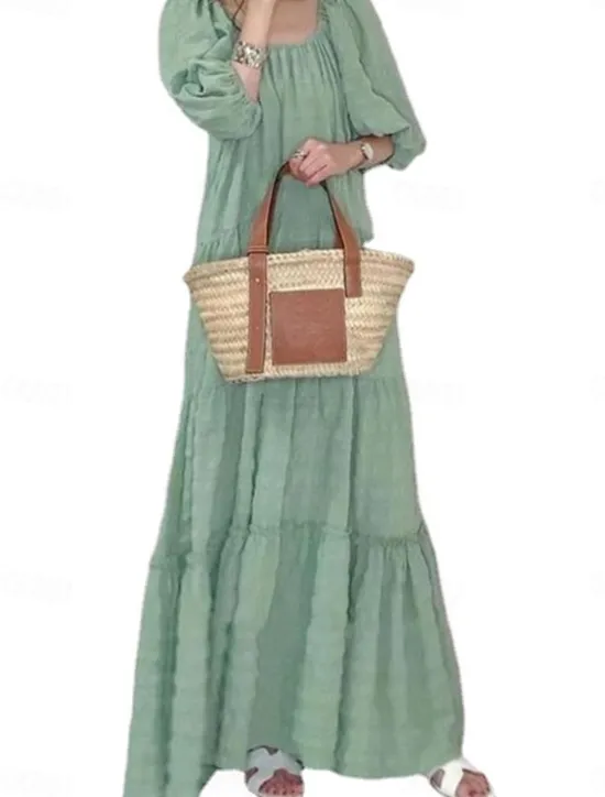 Online Women's Maxi Dress Casual Dress Summer Dress Basic Casual Vacation Daily Regular Fit Plain Half Sleeve Crew Neck Green Khaki Summer Women Vacation Dresses