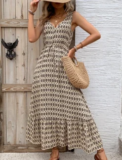 Women's Maxi Dress Casual Dress Swing Dress A Line Dress Tank Dress Stylish Casual Vacation Daily Regular Fit Geometric Sleeveless V Neck Green Apricot Summer Women Spring Dresses