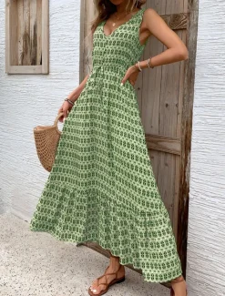 Women's Maxi Dress Casual Dress Swing Dress A Line Dress Tank Dress Stylish Casual Vacation Daily Regular Fit Geometric Sleeveless V Neck Green Apricot Summer Women Spring Dresses