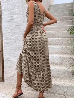 Women's Maxi Dress Casual Dress Swing Dress A Line Dress Tank Dress Stylish Casual Vacation Daily Regular Fit Geometric Sleeveless V Neck Green Apricot Summer Women Spring Dresses