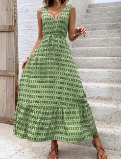 Women's Maxi Dress Casual Dress Swing Dress A Line Dress Tank Dress Stylish Casual Vacation Daily Regular Fit Geometric Sleeveless V Neck Green Apricot Summer Women Spring Dresses