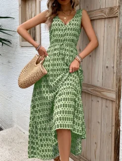 Women's Maxi Dress Casual Dress Swing Dress A Line Dress Tank Dress Stylish Casual Vacation Daily Regular Fit Geometric Sleeveless V Neck Green Apricot Summer Women Spring Dresses