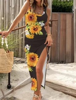 Best Women's Maxi Dress Casual Dress Bodycon Tank Dress Slip Dress Stylish Casual Vacation Daily Regular Fit Floral Sleeveless U Neck Black Fuchsia Light Blue Summer Women Spring Dresses|Floral Dresses