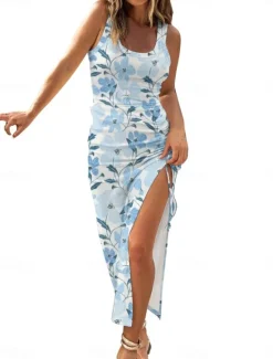 Best Women's Maxi Dress Casual Dress Bodycon Tank Dress Slip Dress Stylish Casual Vacation Daily Regular Fit Floral Sleeveless U Neck Black Fuchsia Light Blue Summer Women Spring Dresses|Floral Dresses