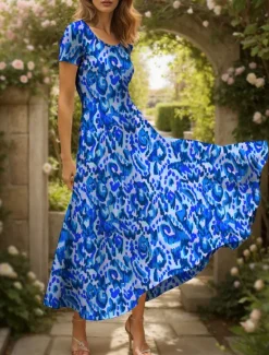 Clearance Women's Maxi Dress Casual Dress A Line Dress Summer Dress Elegant Vacation Casual Regular Fit Graphic Abstract Short Sleeve Square Neck Yellow Red Blue Purple Summer Spring Women Vacation Dresses