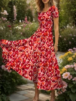 Clearance Women's Maxi Dress Casual Dress A Line Dress Summer Dress Elegant Vacation Casual Regular Fit Graphic Abstract Short Sleeve Square Neck Yellow Red Blue Purple Summer Spring Women Vacation Dresses