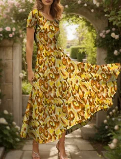Clearance Women's Maxi Dress Casual Dress A Line Dress Summer Dress Elegant Vacation Casual Regular Fit Graphic Abstract Short Sleeve Square Neck Yellow Red Blue Purple Summer Spring Women Vacation Dresses