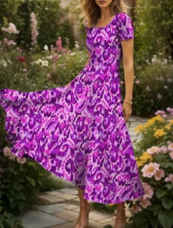 Clearance Women's Maxi Dress Casual Dress A Line Dress Summer Dress Elegant Vacation Casual Regular Fit Graphic Abstract Short Sleeve Square Neck Yellow Red Blue Purple Summer Spring Women Vacation Dresses