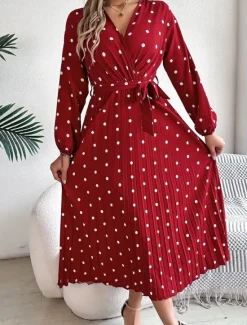 Hot Women's Maxi Dress Casual Dress A Line Dress Stylish Casual Vacation Daily Regular Fit Polka Dot Long Sleeve V Neck Wine Navy Blue Spring Fall Women Work Dresses