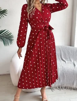 Hot Women's Maxi Dress Casual Dress A Line Dress Stylish Casual Vacation Daily Regular Fit Polka Dot Long Sleeve V Neck Wine Navy Blue Spring Fall Women Work Dresses