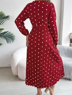 Hot Women's Maxi Dress Casual Dress A Line Dress Stylish Casual Vacation Daily Regular Fit Polka Dot Long Sleeve V Neck Wine Navy Blue Spring Fall Women Work Dresses