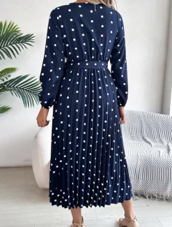 Hot Women's Maxi Dress Casual Dress A Line Dress Stylish Casual Vacation Daily Regular Fit Polka Dot Long Sleeve V Neck Wine Navy Blue Spring Fall Women Work Dresses