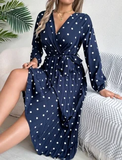 Hot Women's Maxi Dress Casual Dress A Line Dress Stylish Casual Vacation Daily Regular Fit Polka Dot Long Sleeve V Neck Wine Navy Blue Spring Fall Women Work Dresses
