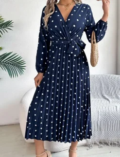 Hot Women's Maxi Dress Casual Dress A Line Dress Stylish Casual Vacation Daily Regular Fit Polka Dot Long Sleeve V Neck Wine Navy Blue Spring Fall Women Work Dresses