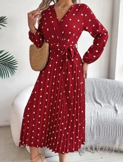 Hot Women's Maxi Dress Casual Dress A Line Dress Stylish Casual Vacation Daily Regular Fit Polka Dot Long Sleeve V Neck Wine Navy Blue Spring Fall Women Work Dresses