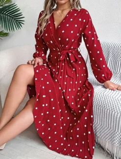 Hot Women's Maxi Dress Casual Dress A Line Dress Stylish Casual Vacation Daily Regular Fit Polka Dot Long Sleeve V Neck Wine Navy Blue Spring Fall Women Work Dresses