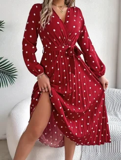 Hot Women's Maxi Dress Casual Dress A Line Dress Stylish Casual Vacation Daily Regular Fit Polka Dot Long Sleeve V Neck Wine Navy Blue Spring Fall Women Work Dresses