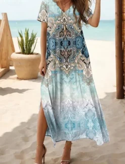 New Women's Maxi Dress Casual Dress A Line Dress Bohemia Vacation Tropical Vacation Daily Regular Fit Bohemian Short Sleeve V Neck Summer Spring Women Vacation Dresses