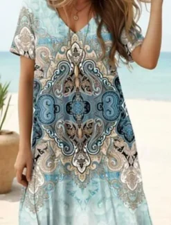 New Women's Maxi Dress Casual Dress A Line Dress Bohemia Vacation Tropical Vacation Daily Regular Fit Bohemian Short Sleeve V Neck Summer Spring Women Vacation Dresses