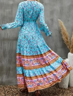 Hot Women's Maxi Dress Casual Dress Swing Dress Long Sleeve Boho Dress A Line Dress Bohemia Casual Vacation Daily Regular Fit Floral Long Sleeve V Neck Yellow Pink Blue Spring Fall Women Floral Dresses