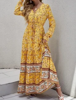 Hot Women's Maxi Dress Casual Dress Swing Dress Long Sleeve Boho Dress A Line Dress Bohemia Casual Vacation Daily Regular Fit Floral Long Sleeve V Neck Yellow Pink Blue Spring Fall Women Floral Dresses