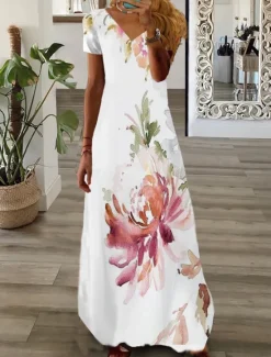 Online Women's Maxi Dress Casual Dress Print Dress Graphic Floral Fashion Modern Daily Holiday Vacation Short Sleeve V Neck Dress Regular Fit White Pink Wine Summer Spring Women Spring Dresses|Vacation Dresses