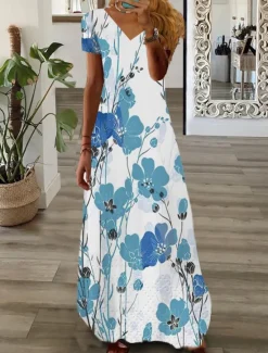 Online Women's Maxi Dress Casual Dress Print Dress Graphic Floral Fashion Modern Daily Holiday Vacation Short Sleeve V Neck Dress Regular Fit White Pink Wine Summer Spring Women Spring Dresses|Vacation Dresses