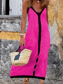 Best Women's Maxi Dress Casual Dress A Line Dress Summer Dress Slip Dress Stylish Casual Vacation Daily Regular Fit Color Block Sleeveless V Neck White Red Green Summer Spring Women Vacation Dresses