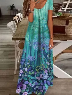 Best Women's Maxi Dress Casual Dress Shift Dress Long Dress White Blue Green Short Sleeve Floral Print Spring Summer Crew Neck Basic Daily Vacation Summer Dress 2023 S M L XL XXL 3XL Women Spring Dresses