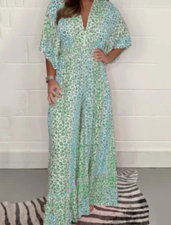 Best Women's Maxi Dress Casual Dress Swing Dress A Line Dress Casual Daily Regular Fit Leopard Half Sleeve V Neck Yellow Pink Green Summer Spring Fall Women Floral Dresses