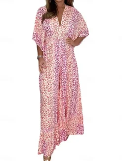 Best Women's Maxi Dress Casual Dress Swing Dress A Line Dress Casual Daily Regular Fit Leopard Half Sleeve V Neck Yellow Pink Green Summer Spring Fall Women Floral Dresses