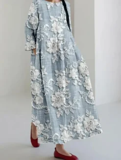 Best Women's Maxi Dress Casual Dress Casual Vacation Loose Fit Floral Graphic Linen Like 3/4 Length Sleeve Crew Neck Blue Light Purple Green Beige Spring Fall Winter Women Vacation Dresses