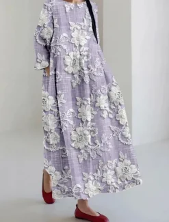 Best Women's Maxi Dress Casual Dress Casual Vacation Loose Fit Floral Graphic Linen Like 3/4 Length Sleeve Crew Neck Blue Light Purple Green Beige Spring Fall Winter Women Vacation Dresses