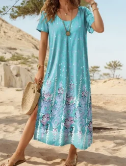 Outlet Women's Maxi Dress Casual Dress Sundress Shift Dress Vintage Ethnic Vacation Regular Fit Floral Short Sleeve Crew Neck Pink Blue Purple Summer Women T Shirt Dresses