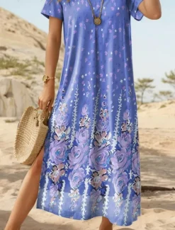 Outlet Women's Maxi Dress Casual Dress Sundress Shift Dress Vintage Ethnic Vacation Regular Fit Floral Short Sleeve Crew Neck Pink Blue Purple Summer Women T Shirt Dresses