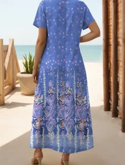 Outlet Women's Maxi Dress Casual Dress Sundress Shift Dress Vintage Ethnic Vacation Regular Fit Floral Short Sleeve Crew Neck Pink Blue Purple Summer Women T Shirt Dresses
