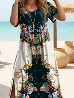 Outlet Women's Maxi Dress Casual Dress T Shirt Dress Tee Dress Sundress Bohemia Date Regular Fit Geometric Short Sleeve Crew Neck Black Red Blue Dusty Blue Summer Women Spring Dresses|Vacation Dresses