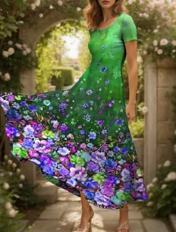 Online Women's Maxi Dress Casual Dress A Line Dress Summer Dress Elegant Vacation Casual Regular Fit Ombre Floral Graphic Short Sleeve Square Neck Blue Purple Green Summer Women Vacation Dresses