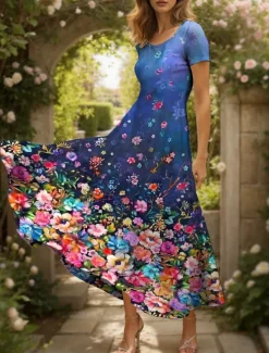 Online Women's Maxi Dress Casual Dress A Line Dress Summer Dress Elegant Vacation Casual Regular Fit Ombre Floral Graphic Short Sleeve Square Neck Blue Purple Green Summer Women Vacation Dresses