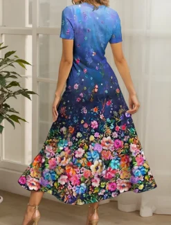 Online Women's Maxi Dress Casual Dress A Line Dress Summer Dress Elegant Vacation Casual Regular Fit Ombre Floral Graphic Short Sleeve Square Neck Blue Purple Green Summer Women Vacation Dresses