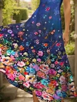 Online Women's Maxi Dress Casual Dress A Line Dress Summer Dress Elegant Vacation Casual Regular Fit Ombre Floral Graphic Short Sleeve Square Neck Blue Purple Green Summer Women Vacation Dresses