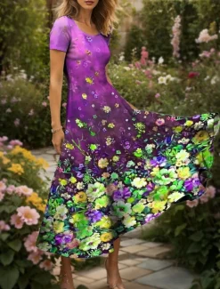 Online Women's Maxi Dress Casual Dress A Line Dress Summer Dress Elegant Vacation Casual Regular Fit Ombre Floral Graphic Short Sleeve Square Neck Blue Purple Green Summer Women Vacation Dresses