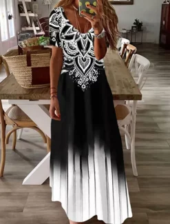 Online Women's Maxi Dress Casual Dress Swing Dress Long Dress Short Sleeve Geometric Print Spring Summer V Neck Casual Loose Fit 2023 S M L XL XXL 3XL Women Vacation Dresses