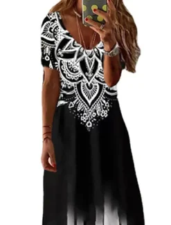 Online Women's Maxi Dress Casual Dress Swing Dress Long Dress Short Sleeve Geometric Print Spring Summer V Neck Casual Loose Fit 2023 S M L XL XXL 3XL Women Vacation Dresses