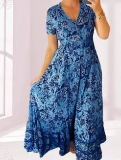 Outlet Women's Maxi Dress Casual Dress Boho Dress Elegant Stylish Casual Vacation Casual Daily Regular Fit Floral Short Sleeve V Neck Pink Navy Blue Purple Light Blue Summer Spring Women Spring Dresses